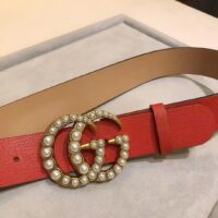 Gucci Unisex Leather Belt Pearl Double G Red 3.8 CM Width (4)