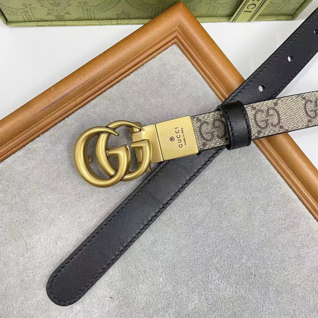Gucci Unisex Marmont Reversible Thin Belt Black Beige Ebony GG Supreme Canvas