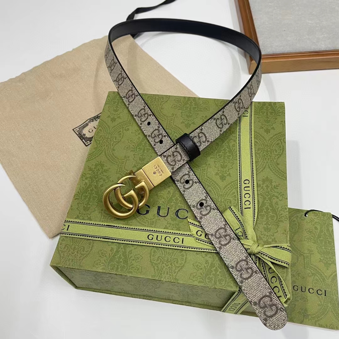 Gucci Unisex Marmont Reversible Thin Belt Black Beige Ebony GG Supreme Canvas