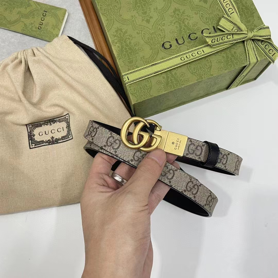 Gucci Unisex Marmont Reversible Thin Belt Black Beige Ebony GG Supreme Canvas
