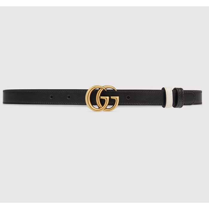 Gucci Unisex Marmont Reversible Thin Belt Black Leather Double G Buckle