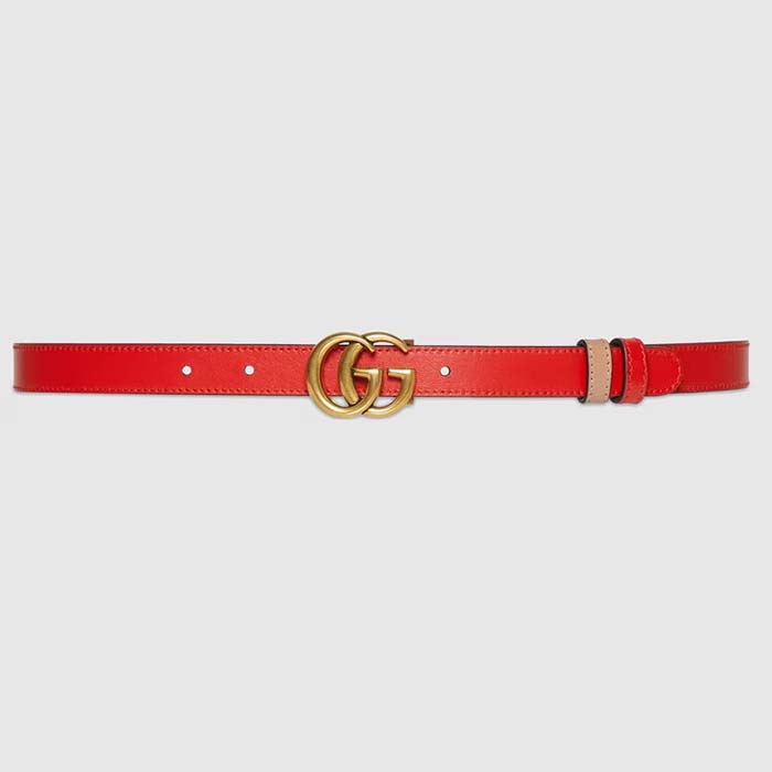 Gucci Unisex Marmont Reversible Thin Belt Red Leather Double G Buckle
