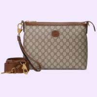 Gucci Unisex Messenger Bag Interlocking G Beige Ebony GG Supreme Canvas Brown Leather