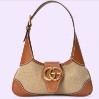 Gucci Women GG Aphrodite Small Shoulder Bag Beige Cotton Canvas Brown Leather