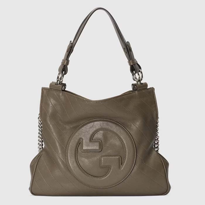 Gucci Women GG Blondie Small Tote Bag Brown Leather Round Interlocking G