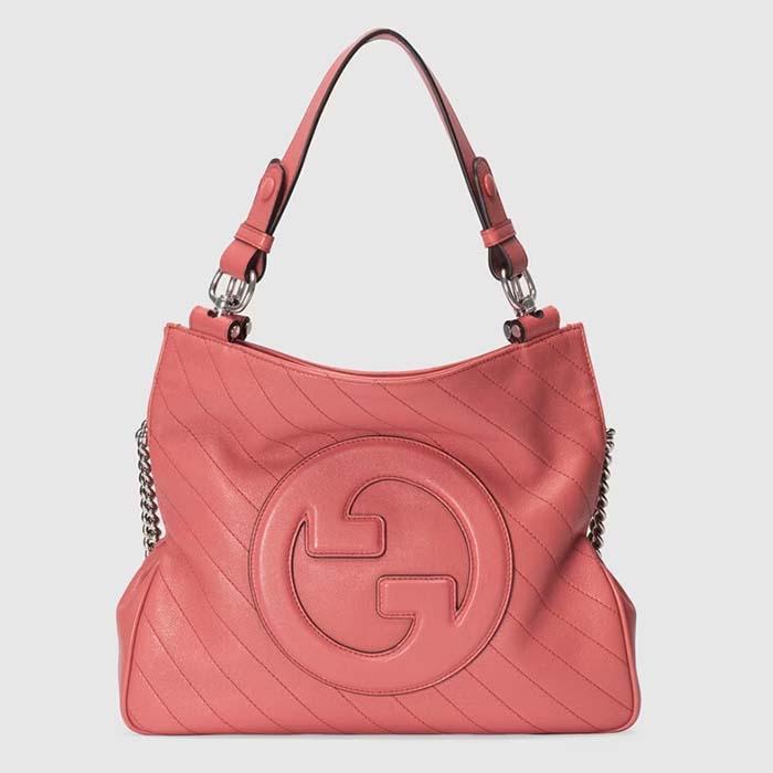 Gucci Women GG Blondie Small Tote Bag Pink Leather Round Interlocking G
