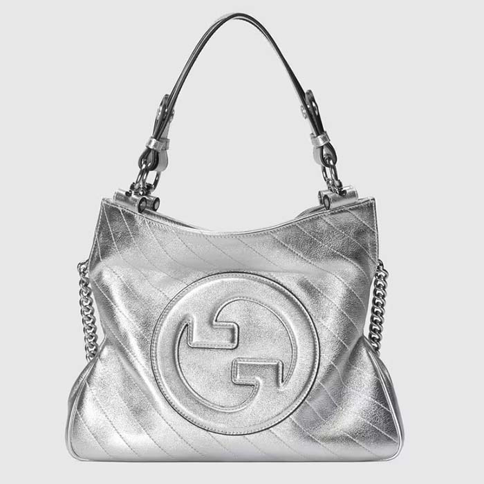 Gucci Women GG Blondie Small Tote Bag Silver Lamé Leather Round Interlocking G