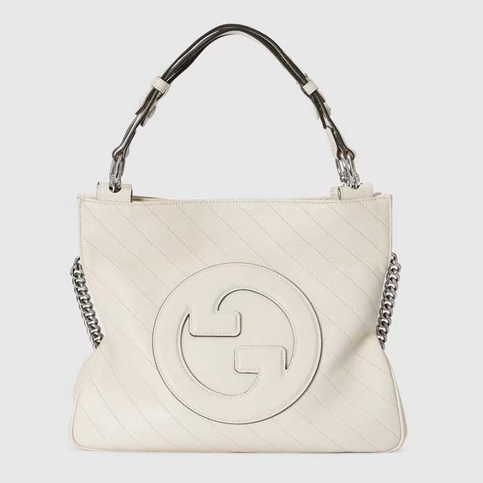 Gucci Women GG Blondie Small Tote Bag White Leather Round Interlocking G