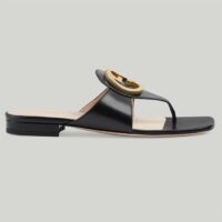 Gucci Women GG Blondie Thong Sandal Black Leather Round Interlocking G 1.5 CM Heel (4)