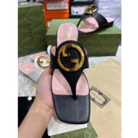 Gucci Women GG Blondie Thong Sandal Black Leather Round Interlocking G 1.5 CM Heel (4)