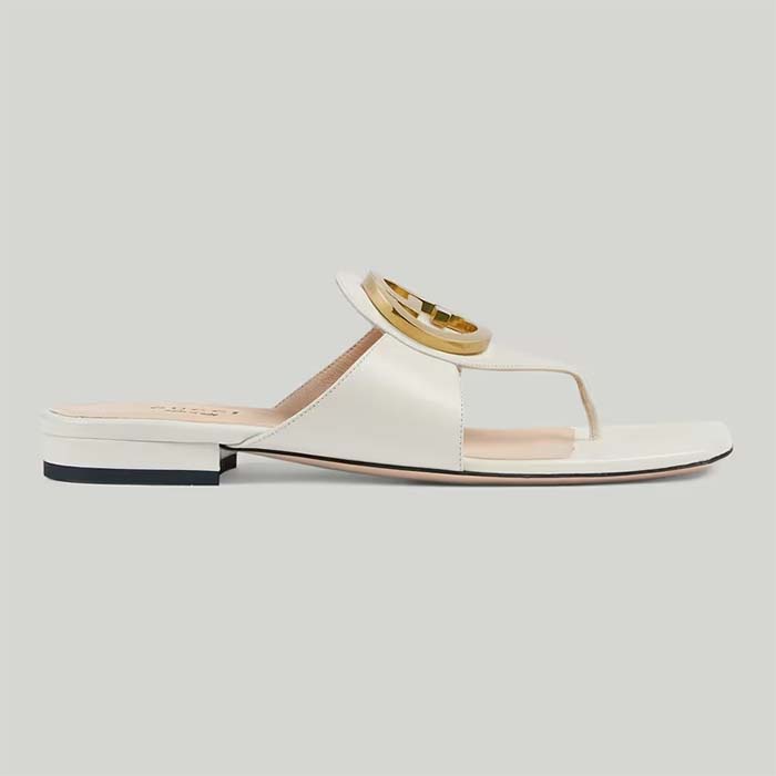 Gucci Women GG Blondie Thong Sandal White Leather Round Interlocking G 1.5 CM Heel