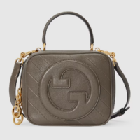 Gucci Women GG Blondie Top Handle Bag Brown Leather Round Interlocking G