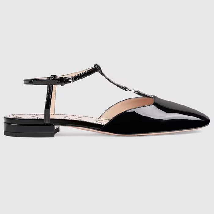 Gucci Women GG Double G Ballet Flat Black Patent Leather Square Toe