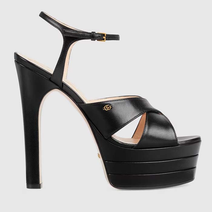 Gucci Women GG Horsebit Platform Sandal Black Leather Double G High 13 CM Heel