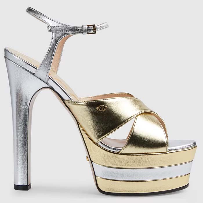 Gucci Women GG Horsebit Platform Sandal Gold Silver Metallic Leather High 13 CM Heel