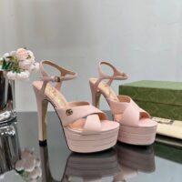 Gucci Women GG Horsebit Platform Sandal Light Pink Leather High 13 CM Heel (9)