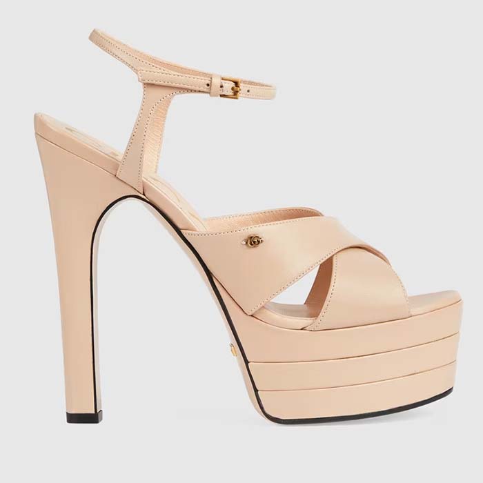 Gucci Women GG Horsebit Platform Sandal Light Pink Leather High 13 CM Heel