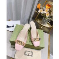 Gucci Women GG Interlocking G Mule Pink Leather Square Toe Leather Mid-Heel (10)