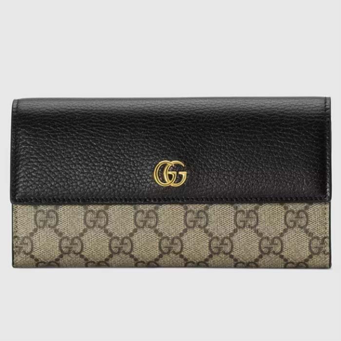 Gucci Women GG Marmont Leather Continental Wallet Beige Ebony GG Supreme Canvas