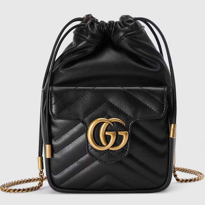 Gucci Women GG Marmont Mini Bucket Bag Black Matelassé Chevron Leather Double G