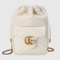 Gucci Women GG Marmont Mini Bucket Bag White Matelassé Chevron Leather Double G