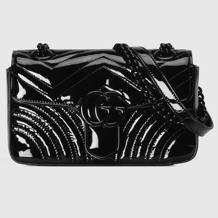 Gucci Women GG Marmont Mini Shoulder Bag Black Patent Matelassé Chevron Leather