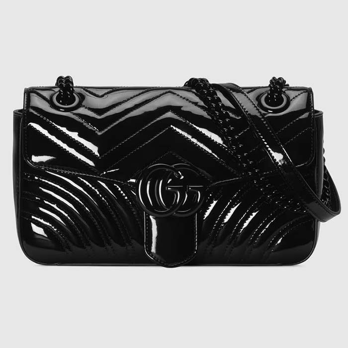 Gucci Women GG Marmont Patent Small Shoulder Bag Black Matelassé Chevron Leather