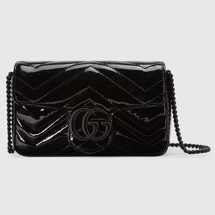 Gucci Women GG Marmont Patent Super Mini Bag Black Matelassé Chevron Leather