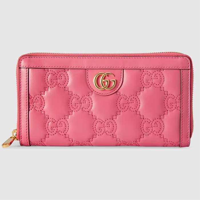 Gucci Women GG Marmont Zip Around Wallet Pink Matelassé Leather Double G