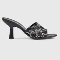 Gucci Women GG Mid Heel Slide Sandal Black GG Crystal Mesh 7.6 CM Heel (4)