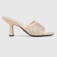 Gucci Women GG Mid Heel Slide Sandal Rose Beige GG Crystal Mesh 7.6 CM Heel (10)