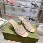 Gucci Women GG Mid Heel Slide Sandal Rose Beige GG Crystal Mesh 7.6 CM Heel – Bild 2