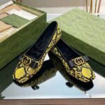 Gucci Women GG Python Ballet Flat Yellow Black Leather Interlocking G Black Leather Bow - immagine 5