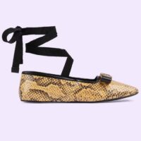 Gucci Women GG Python Ballet Flat Yellow Black Leather Interlocking G Black Leather Bow (8)