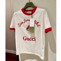 Gucci Women GG Sine Amore Nihil’ Cotton Jersey T-Shirt Off White Mushroom Embroidery (3)