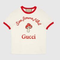 Gucci Women GG Sine Amore Nihil’ Cotton Jersey T-Shirt Off White Mushroom Embroidery (3)