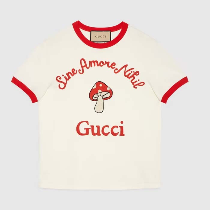 Gucci Women GG Sine Amore Nihil' Cotton Jersey T-Shirt Off White Mushroom Embroidery