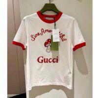 Gucci Women GG Sine Amore Nihil’ Cotton Jersey T-Shirt Off White Mushroom Embroidery (3)