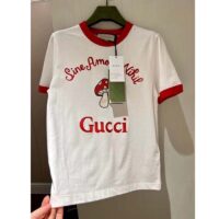 Gucci Women GG Sine Amore Nihil’ Cotton Jersey T-Shirt Off White Mushroom Embroidery (3)