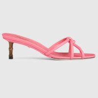 Gucci Women GG Slide Sandal Bamboo Pink Leather Bamboo Low Heel (10)