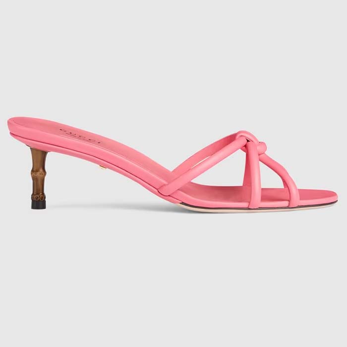 Gucci Women GG Slide Sandal Bamboo Pink Leather Bamboo Low Heel