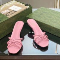 Gucci Women GG Slide Sandal Bamboo Pink Leather Bamboo Low Heel (10)