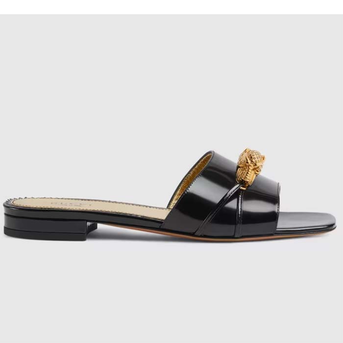 Gucci Women GG Slide Sandal Tiger Head Black Patent Leather Flat