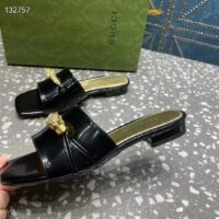 Gucci Women GG Slide Sandal Tiger Head Black Patent Leather Flat (11)