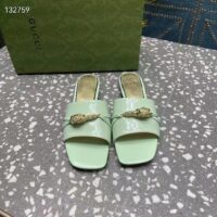 Gucci Women GG Slide Sandal Tiger Head Light Green Leather Flat (11)