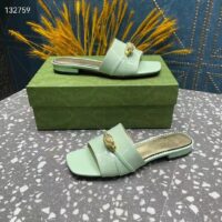 Gucci Women GG Slide Sandal Tiger Head Light Green Leather Flat (11)