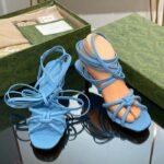 Gucci Women GG Strappy Sandal Bamboo Pastel Blue Leather Bamboo Low Heel – Bild 4
