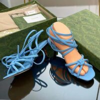 Gucci Women GG Strappy Sandal Bamboo Pastel Blue Leather Bamboo Low Heel (6)
