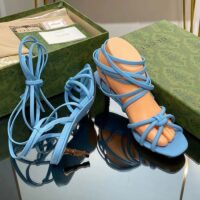 Gucci Women GG Strappy Sandal Bamboo Pastel Blue Leather Bamboo Low Heel (6)