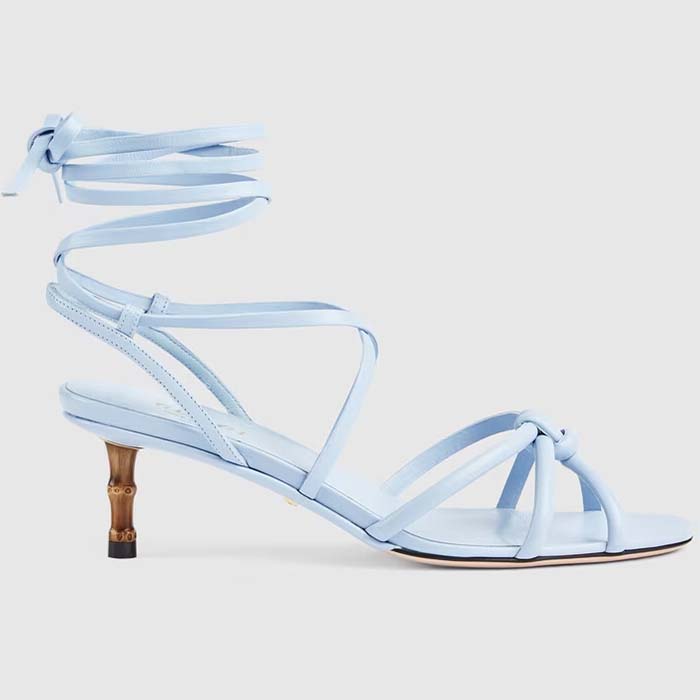 Gucci Women GG Strappy Sandal Bamboo Pastel Blue Leather Bamboo Low Heel